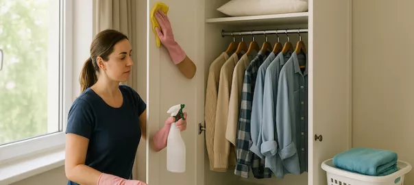 "Person vädrar och rengör garderob samt tvättar textilier med naturliga metoder – effektiv borttagning av parfym- och röklukt för en fräsch och luktfri förvaring"